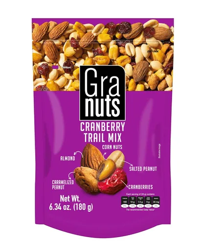 Miniatura 10 de Granuts Cranberry Trail Mix Cacahuetes caramelizados Nueces de maíz crujientes + almendras Arándanos suaves Sabores salados + dulces Snack