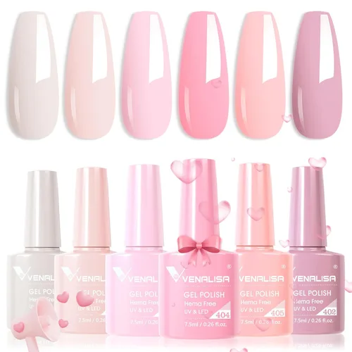 VENALISA - Juego de esmaltes de uñas de gel rosa sin hema, 6 colores, popular kit de esmalte de gel rosa nude, esmalte en gel de remojo con lámpara
