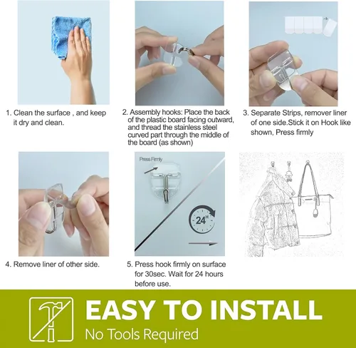 Miniatura 9 de Ganchos de pared de alambre pequeño transparente, 15 ganchos con 20 tiras adhesivas, ganchos colgantes sin daños, sin taladro, sin herramientas