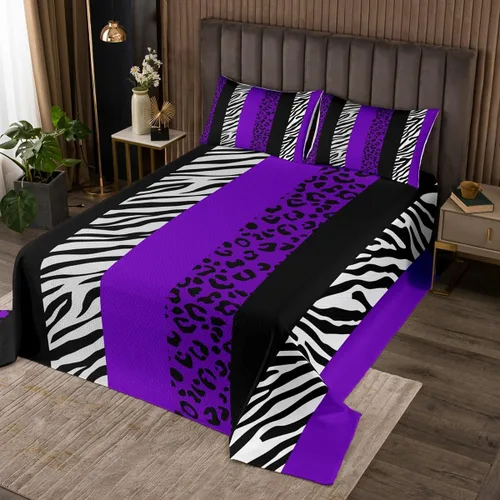 Miniatura 24 de Juego de colcha con lazo para niños, tamaño individual, diseño de cebra y leopardo con purpurina, decoración de habitación para niñas y mujeres