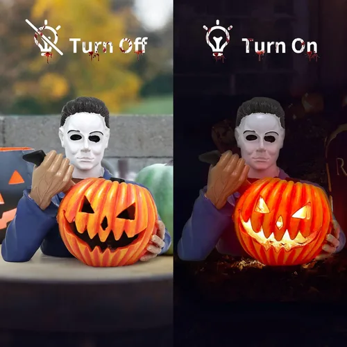 Miniatura 5 de nezababy Estatua de gnomo asesino iluminada, decoraciones de Halloween, gnomo de jardín de terror con decoración de resina de calabaza