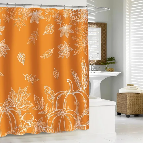 Miniatura 7 de Cortina de ducha de hojas de otoño, cortinas de calabaza para baño, cortina de baño impermeable naranja feliz otoño con ganchos para decoración, 60