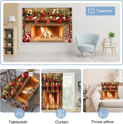 Miniatura 5 de Mocsicka Telón de fondo temático de chimenea navideña para fotografía, árbol de Navidad, calcetín, regalo, decoraciones para fiestas familiares