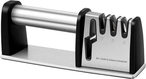 Afilador de cuchillos de cocina – Sistema de afilado de cuchillos 4 en 1 para tijeras, cuchillos, cuchillas – Herramienta de afilado con mango
