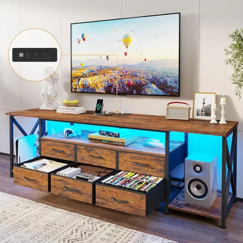 Miniatura 10 de BTHFST Soporte de TV con luces LED y tomas de corriente, para televisores de hasta 85 pulgadas, 6 cajones de tela, centro de entretenimiento