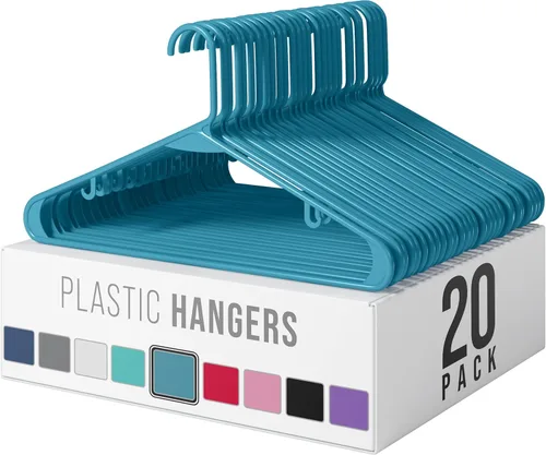 Perchas de plástico para ropa, paquete de 20 unidades, ganchos de plástico color aguamarina, son perfectas para colgar abrigos y ahorrar espacio en