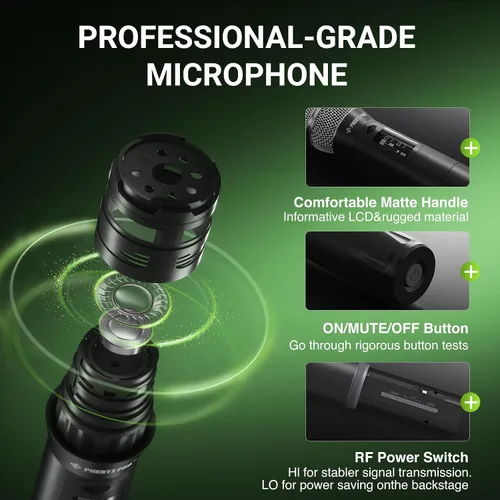 Miniatura 2 de Phenyx Pro Micrófono inalámbrico profesional, micrófono dinámico UHF, micrófono inalámbrico de metal, transmisor de mano para sistema de verdadera