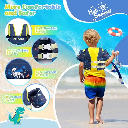 Miniatura 2 de Nemone Chaleco de natación para niños pequeños de 22 a 70 libras, flotadores para niños, chaqueta de natación con alas de agua para el brazo para C