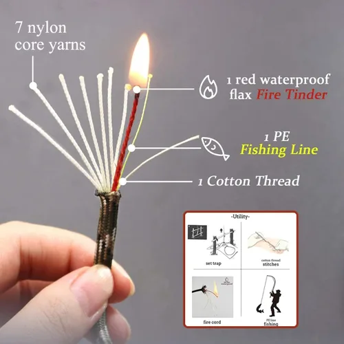 Miniatura 4 de PSKOOK Collar de iniciador de fuego, collar de paracaídas de supervivencia con pedernal y acero, collar de bushcraft para camping, senderismo y Caqui