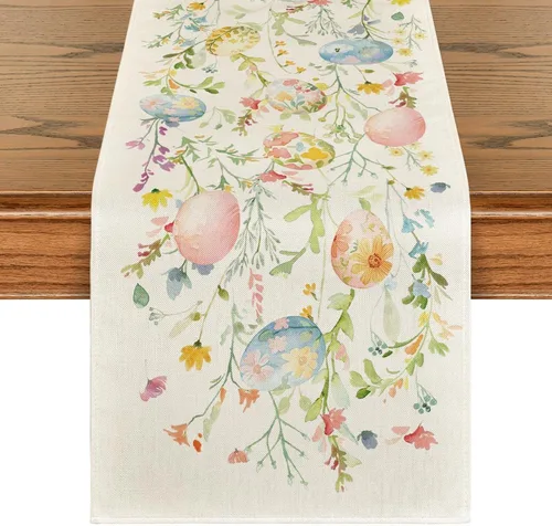 Artoid Mode Camino de mesa de Pascua con diseño de huevos y flores silvestres, decoración de mesa de comedor para decoración de fiesta en el hogar,