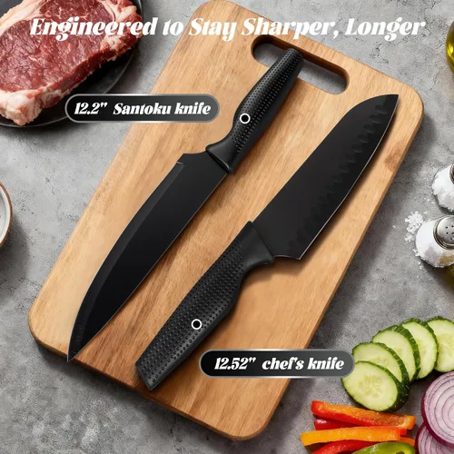 Miniatura 3 de Juego de 20 cuchillos de cocina con bloque, acero inoxidable alemán, apto para lavavajillas, mango antideslizante, color negro
