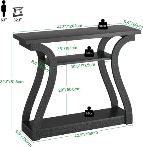 Miniatura 2 de Mesa consola de madera con patas curvadas y estante, mesa de sofá moderna de 3 niveles para zona de entrada, sala de estar, pasillo, 47 pulgadas
