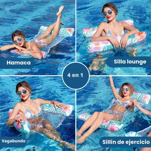 Miniatura 2 de Flotadores de piscina para adultos, paquete de 2 flotadores inflables para piscina, 4 en 1, balsas multiusos tumbona hamaca de agua para piscina