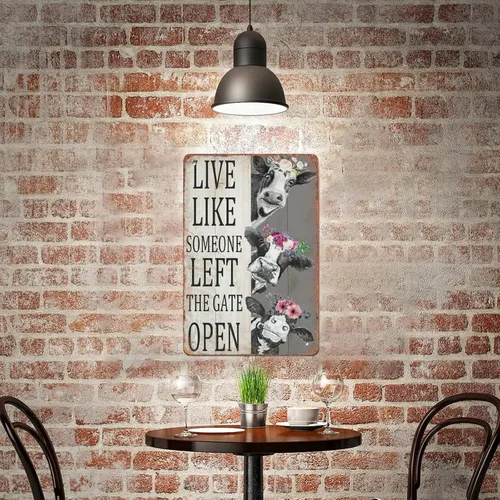 Miniatura 6 de Letrero de hojalata personalizado con diseño de vaca Live Like Someone Left The Gate Open, regalo vintage, placa de metal para hombre, cueva, bar