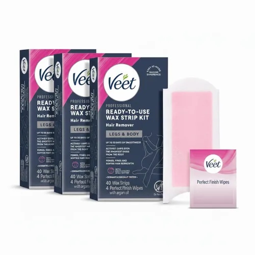 VEET Kit de depilación listo para usar para mujeres, tiras de cera para depilación corporal, kit de cera para piernas y cuerpo, producto de cuidado