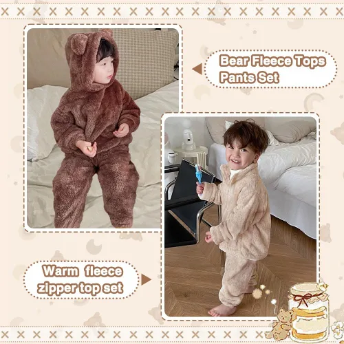 Miniatura 6 de UVIPC Conjunto de 2 piezas de forro polar para bebé, conjunto de sudadera de oso mullido para niños pequeños