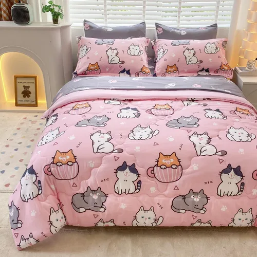 Juego de edredón de 7 piezas con diseño de gatos para niñas, tamaño completo, ropa de cama en una bolsa, diseño rosa de dibujos animados de gatos
