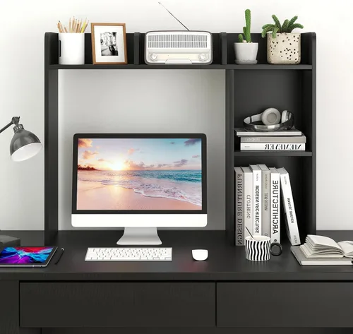 Miniatura 26 de LDAILY Desktop Bookshelf, 2-Tier Office Desk Shelf Organizer Desk Hutch with 4 Shelves, 37’’L Wood Storage Rack Display Shelf for Computer Desk