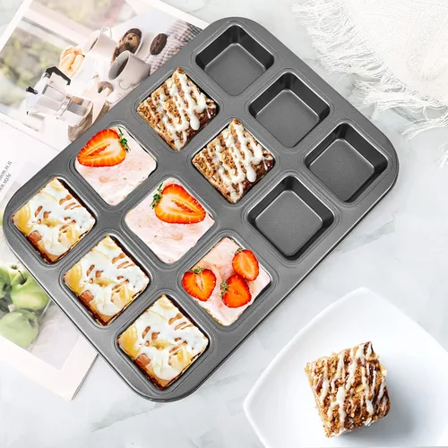 Miniatura 4 de Beasea Bandeja para brownie con divisores, 2 juegos de moldes cuadrados para cupcakes para brownies, 12 mini cavidades antiadherentes para hornear