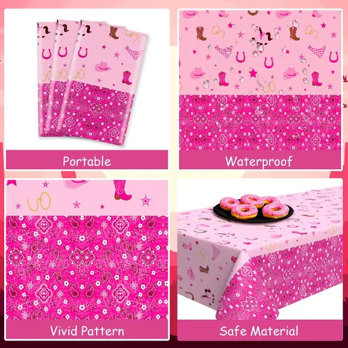 Miniatura 5 de Mantel de plástico de vaquera occidental, mantel rectangular de fieltro rosa, mantel rectangular desechable impermeable para suministros de fiesta