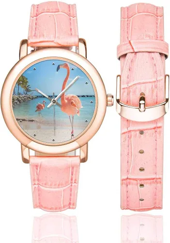 Miniatura 2 de InterestPrint Lindo Flamingo Birds Reloj de pulsera con correa de cuero rosa para mujer
