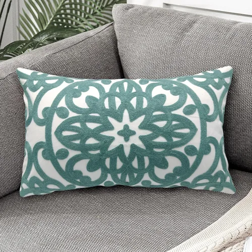 Miniatura 2 de Alysheer Funda de almohada decorativa lumbar bordada de 12 x 20 pulgadas, patrón clásico bohemio de mandala bordado de algodón, funda de cojín Aqua