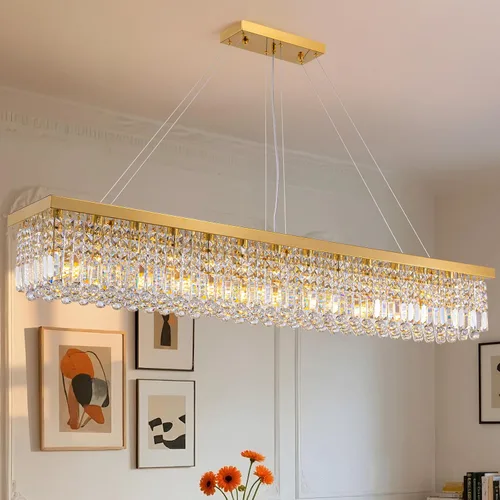 Miniatura 22 de Candelabros Modernos de Cristal para Lámpara de Comedor, Candelabro de Techo Rectangular Dorado de 6 Luces para Isla de Cocina y Sala de Estar