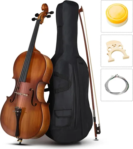 Vasitelan Violonchelo acústico 4/4, violonchelo acústico de tamaño completo con funda acolchada, cuerda extra, puente, arco y colofonia para adultos