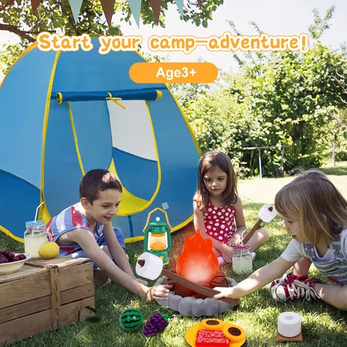 Miniatura 6 de Set de juguetes para pretender que se acampa, incluye fogata, malvaviscos, linterna de aceite, frutas en rodajas; juguetes de interior y exterior