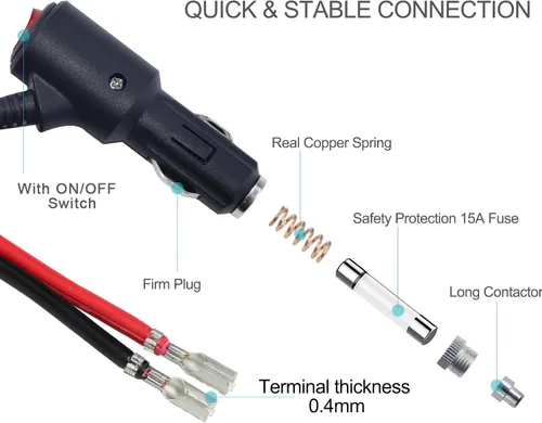 Miniatura 2 de SPARKING Enchufe de Encendedor de Cigarrillos con Fusible de 12V con Interruptor – 6 pies 16AWG con Fusible 15 amperios Enchufe Macho de Repuesto