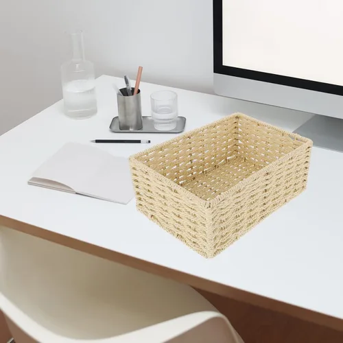 Miniatura 7 de VOSAREA Cesta de almacenamiento de ratán con tapa, cuerda de papel, organizador de escritorio, cesta de mimbre para dormitorio, organizador