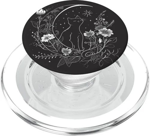Miniatura 8 de Cat Sitting On Crescent Moon Flowers Stars Drawing PopSockets intercambiables PopGrip
