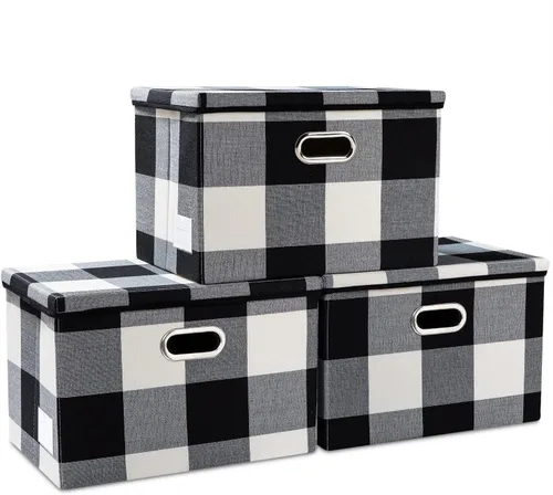 Miniatura 66 de PRANDOM Contenedor de almacenamiento plegable con tapa [1 unidad] Caja de almacenamiento decorativa de tela de lino, cesta organizadora con asas