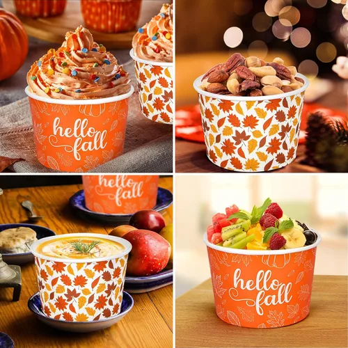 Miniatura 7 de Whaline 60 tazas de papel desechables con diseño de hojas de arce, cuencos de papel desechables de 9 onzas con hojas de otoño, tazas de papel