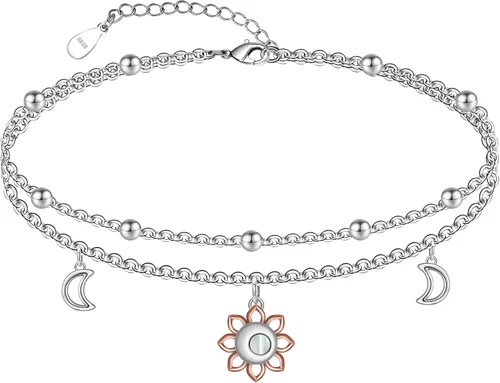 Miniatura 107 de CHIC & ARTSY Tobilleras delicadas de plata de ley S925 para verano, pulsera de tobillo ajustable multicapa para playa, joyería de pie para mujer