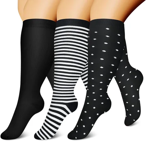 CHARMKING 3 pares de calcetines de compresión de talla grande para mujeres y hombres, pantorrilla extra ancha de 15-20 mmHg, el mejor apoyo para la