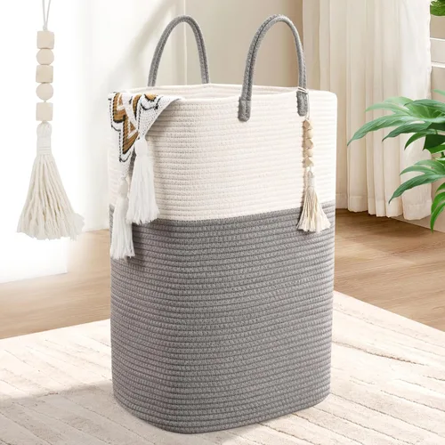 Miniatura 10 de Cesta Tejida de 65L para Ropa, Grandes Cestas de Lavandería Rectangulares con Cuentas y Borlas, Cesta de Almacenamiento para Guardería para Marrón