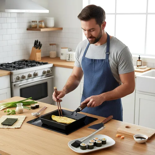 Miniatura 7 de Sartén japonesa Tamagoyaki de hierro fundido, pre-sazonada, tratada con nitrógeno líquido, no se oxida, lista para usar, mango de madera