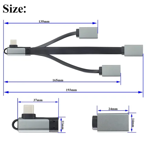 Miniatura 2 de Ángulo recto tipo C 3.0 macho a 1 USB 3.0 A hembra+2 USB 2.0 A hembra OTG Cable USB C a USB A de 90 grados de datos y carga OTG Cable divisor