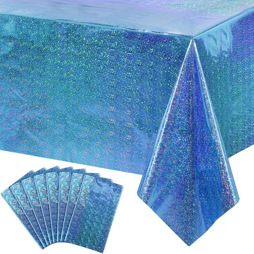 Miniatura 9 de Paquete de 8 manteles de plástico iridiscente brillantes desechables láser rectangulares, cubiertas de mesa de papel holográfico iridiscente, Rosa