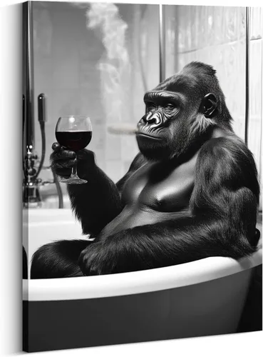 LYUNSHUO Divertido lienzo de gorila para baño, cuadro blanco y negro, pinturas de animales, impresiones de obras de arte modernas, decoración de
