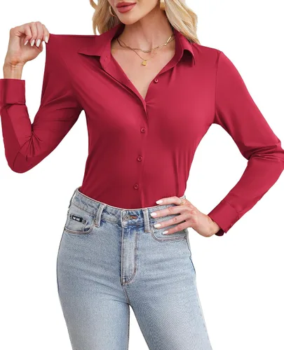 Miniatura 7 de siliteelon Camisa de manga larga con botones para mujer, estilo casual, para el trabajo, con elástico en 4 direcciones, sin arrugas