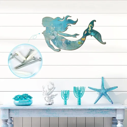Miniatura 3 de Demissle Arte de pared de sirena de metal, decoración de pared de sirena colgante rústica, azul, elegante, escultura decorativa para habitación