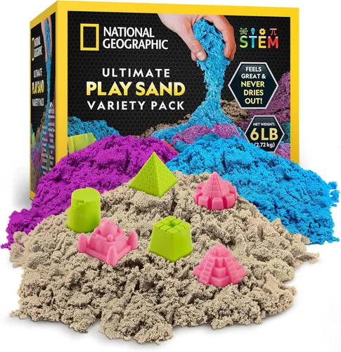 National Geographic - Paquete combinado de arena lunar de 6 libras, 2 libras cada uno de arena de juego azul, púrpura y natural con moldes de