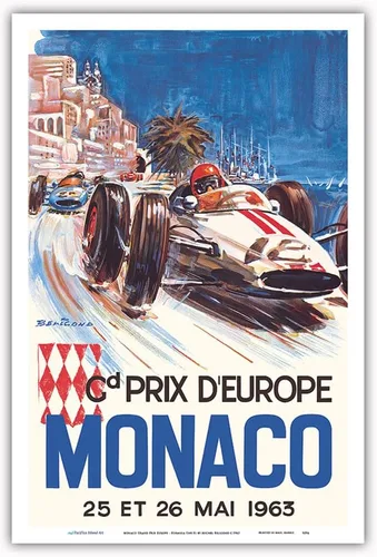 Mónaco Grand Prix Europe (Gd Prix D'Europe) - Póster de carreras de coches vintage por Michel Beligond c.1963 - Impresión artística maestra (sin
