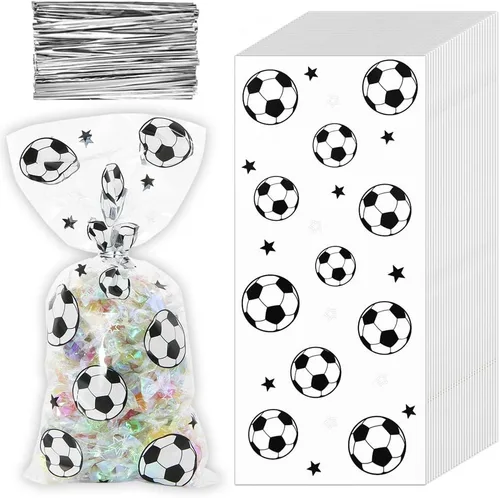 Miniatura 2 de 100 bolsas de golosinas de fútbol, bolsas de golosinas de fútbol, bolsas transparentes para violonchelo con lazos giratorios plateados, suministros