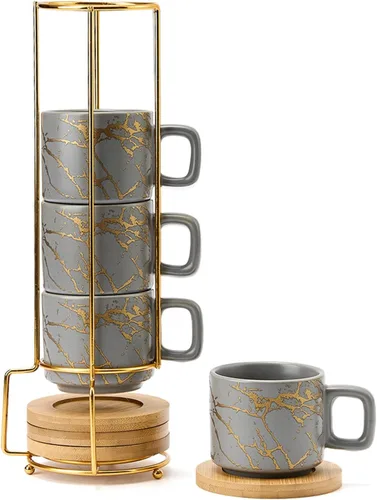 Miniatura 10 de LUKA Tazas de Porcelana Apilables a Cuadros Blancos y Negros para Espresso con Platillos y Soporte de Metal, Juego de Tazas Pequeñas de Cerámica