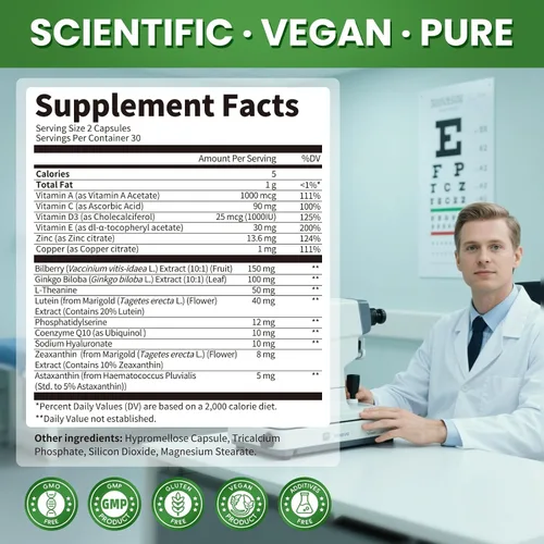 Miniatura 7 de Suplementos de luteína y zeaxantina, vitaminas avanzadas AREDS 2 para los ojos, con arándano, ginkgo biloba, astaxantina, hialuronato de sodio