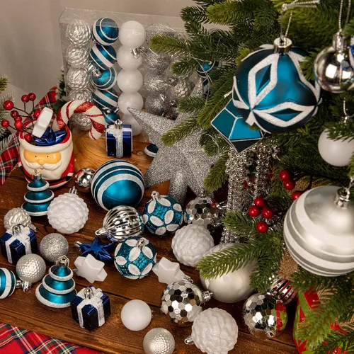 Miniatura 3 de 100 piezas de juego de adornos de Navidad azul y blanco – Kit de bolas de decoración de árbol de Navidad inastillables con estrella de copa