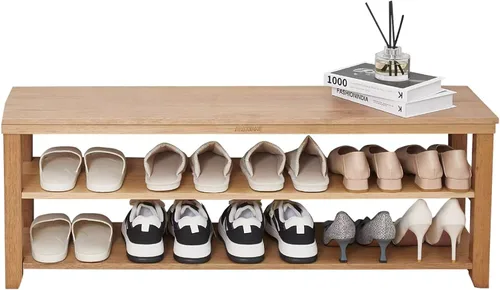 Miniatura 9 de Zapatero de madera maciza, 2 niveles, de madera real, resistente, organizador de zapatos, para entrada, pasillo, vestíbulo, sala de estar, Natural
